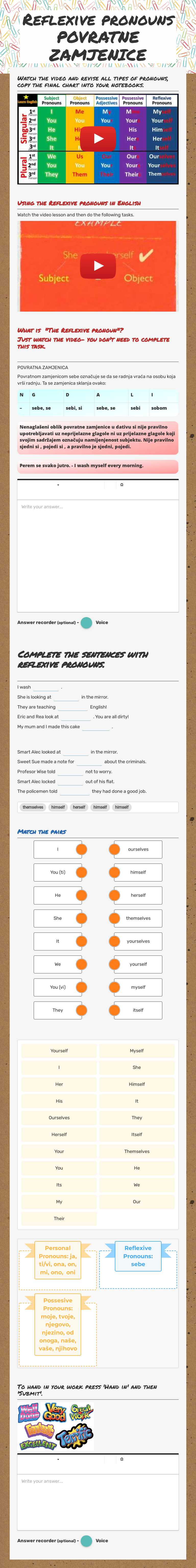 Reflexive pronouns POVRATNE ZAMJENICE Grade 7 worksheet preview