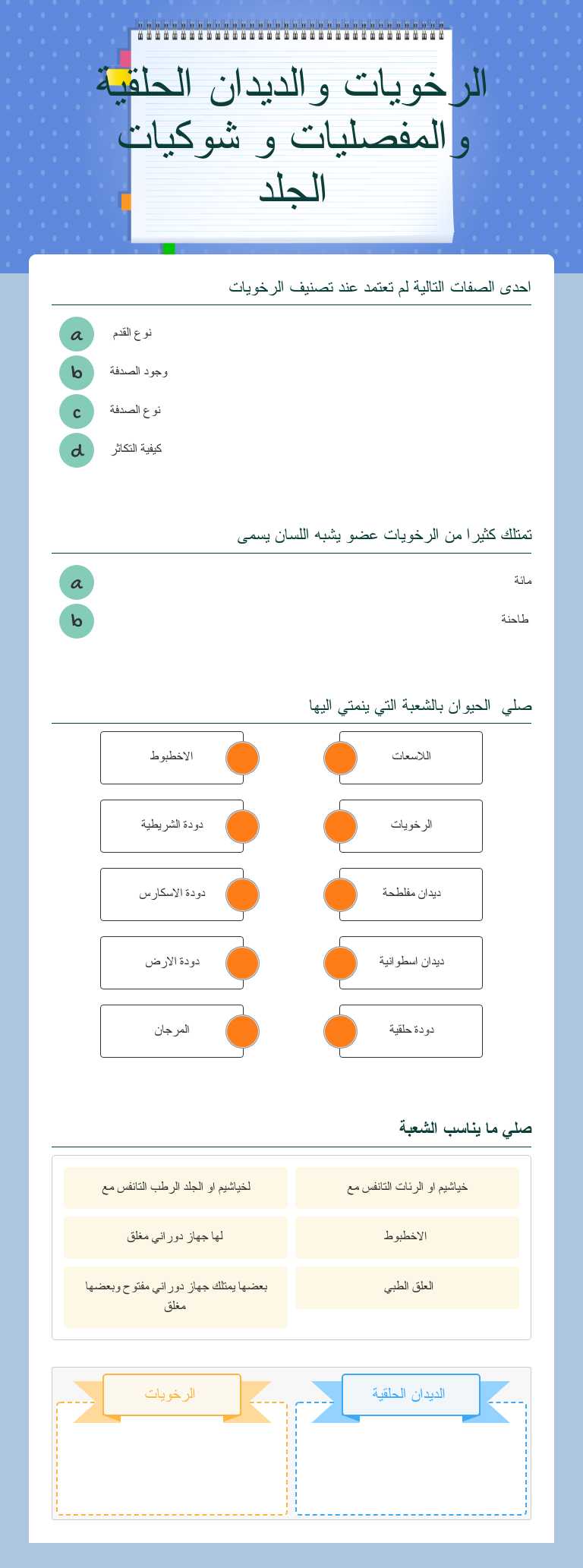 الرخويات والديدان الحلقية والمفصليات و شوكيات الجلد worksheet preview image