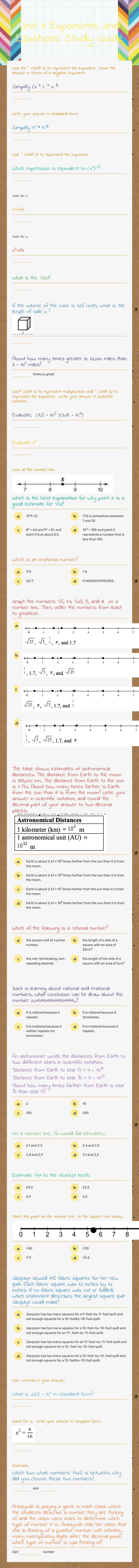 Unit 1: Exponents and Equations Study Guide worksheet preview image