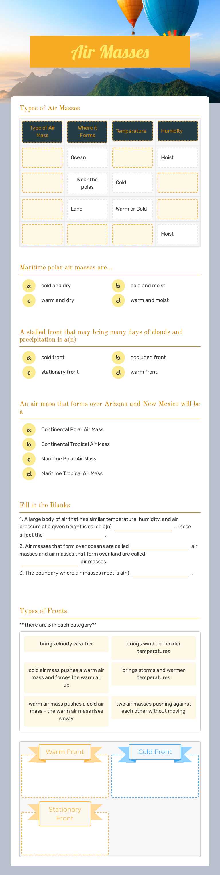 Air Masses worksheet preview image