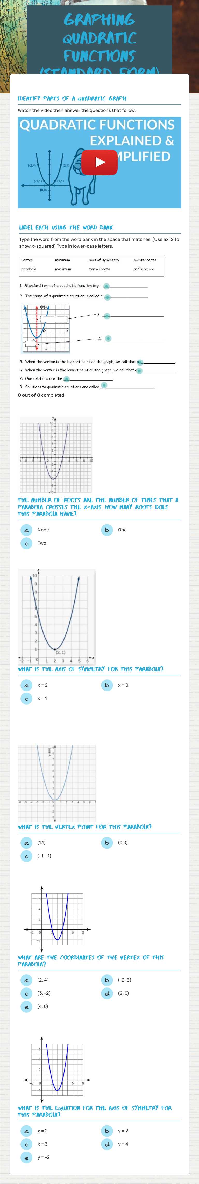 Graphing Quadratic Functions (Standard Form) Grade 9 worksheet preview