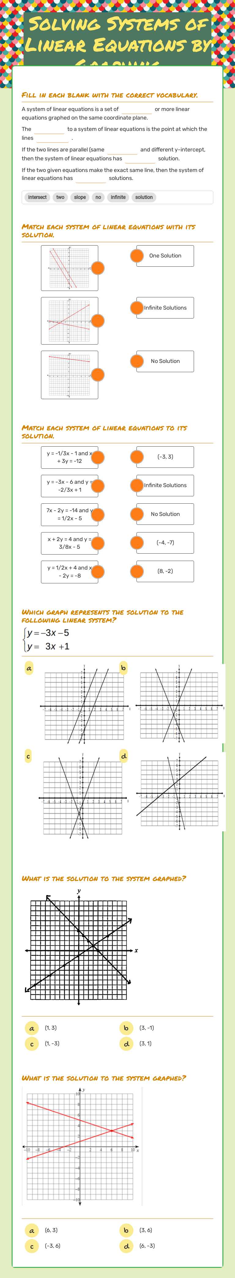 Solving Systems of Linear Equations by Graphing worksheet preview image