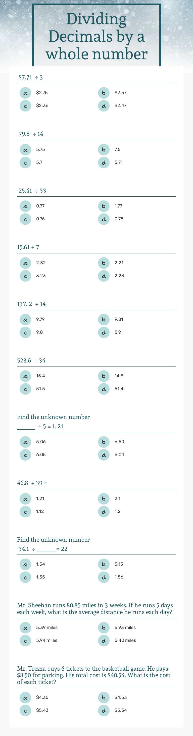 Dividing Decimals by a whole number worksheet preview image