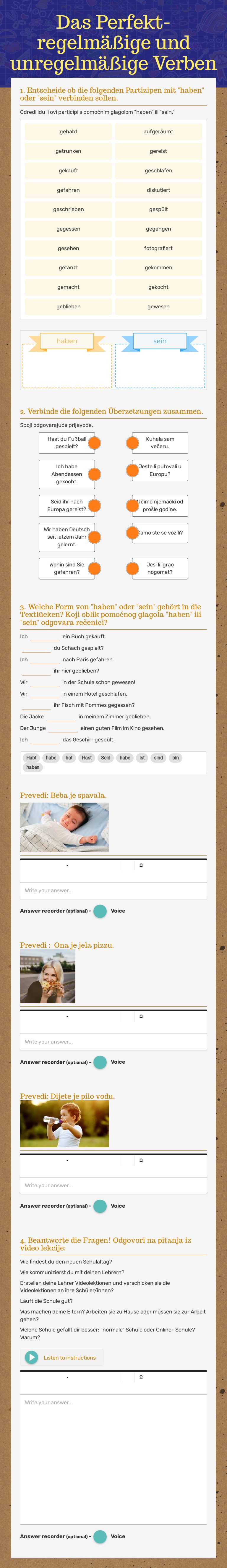 Das Perfekt-regelmäßige und unregelmäßige Verben Grade 8 worksheet preview