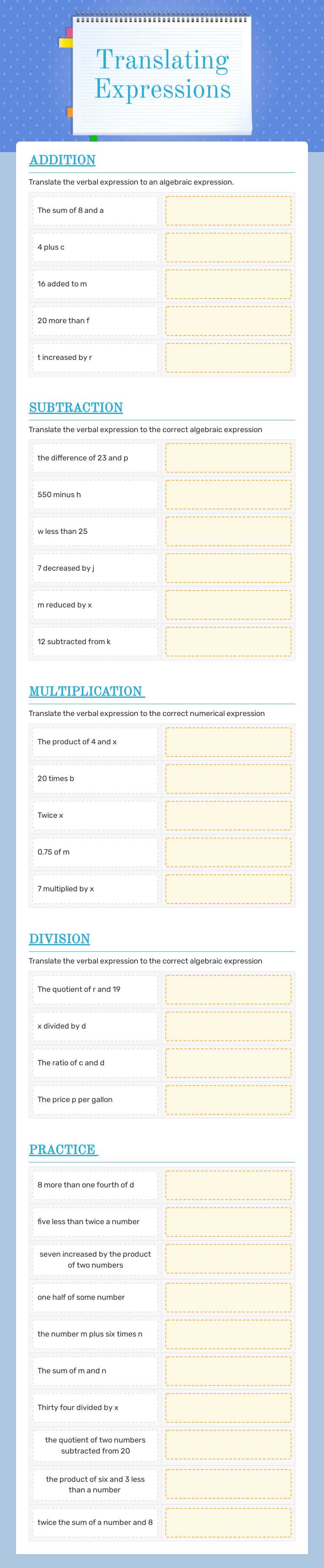 Translating Expressions worksheet preview image