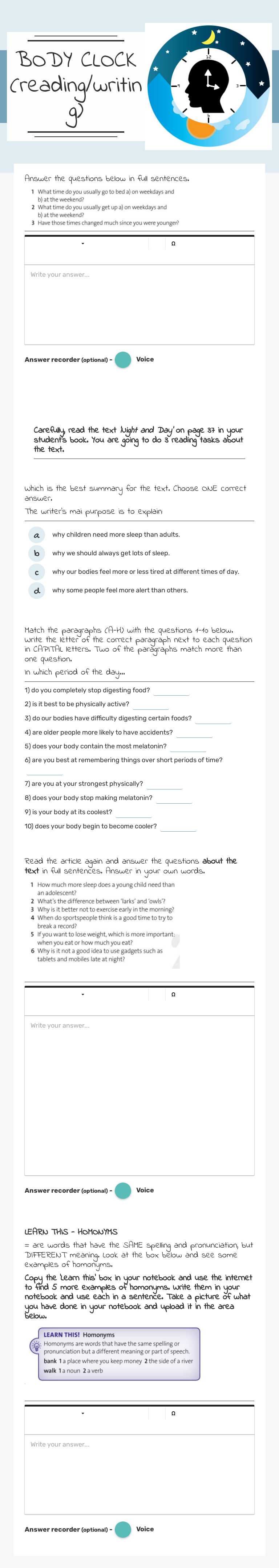 BODY CLOCK (reading/writing) worksheet preview image