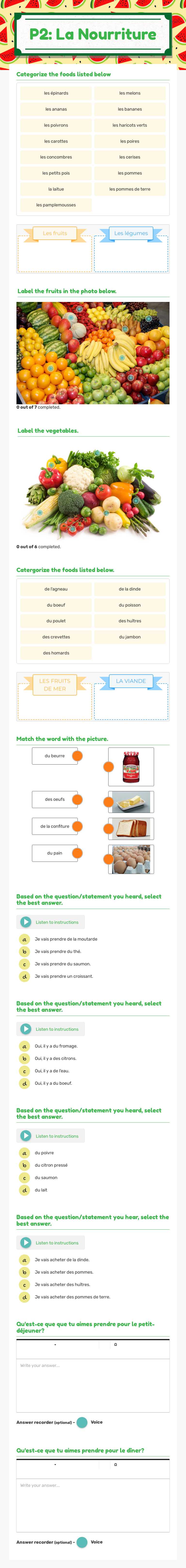 P2: La Nourriture worksheet preview image