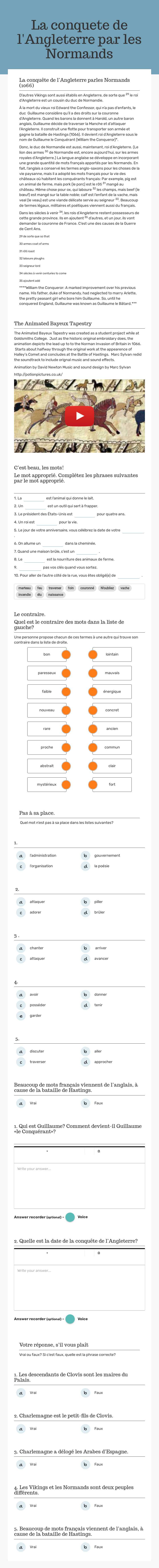 La conquete de l'Angleterre par les Normands worksheet preview image