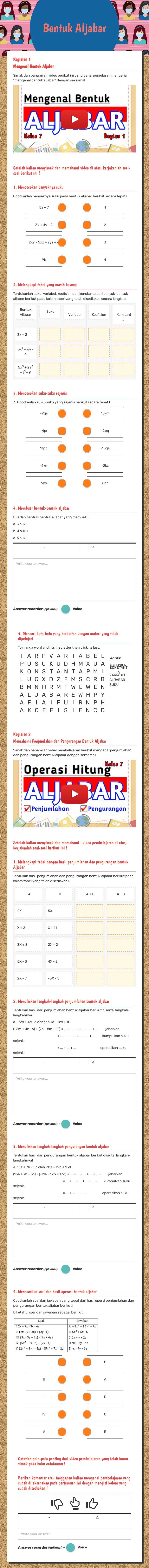 Bentuk Aljabar worksheet preview image