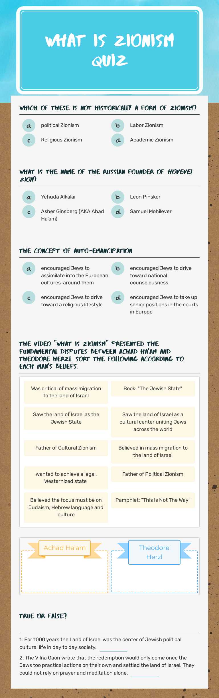 What is zionism quiz worksheet preview image