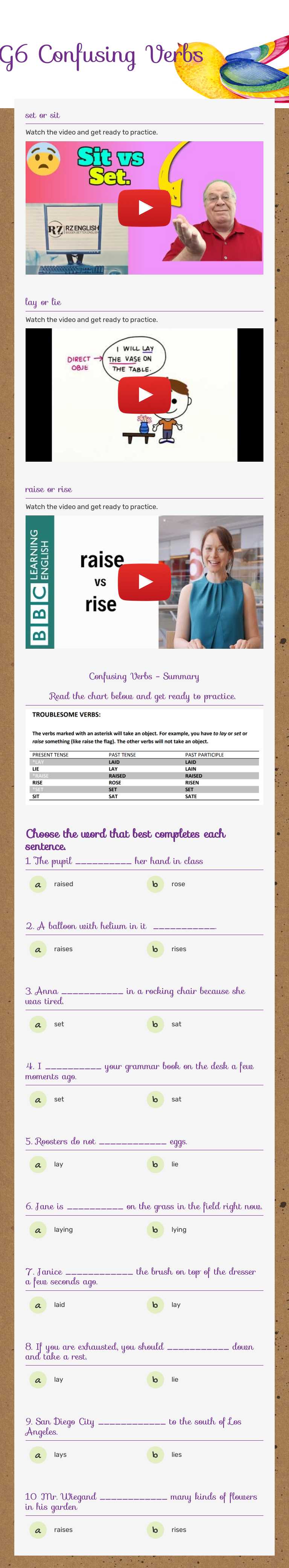 G6 Confusing Verbs Grade 6 worksheet preview