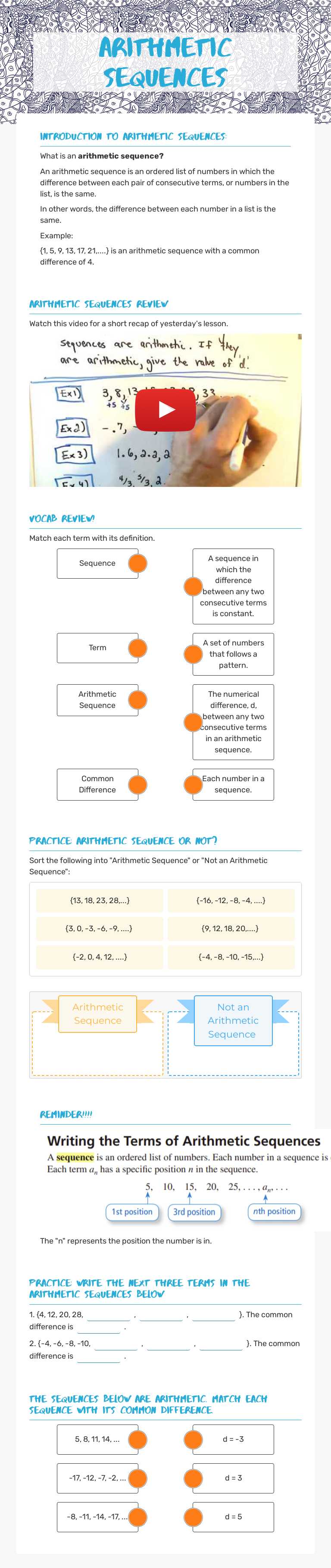 Arithmetic Sequences worksheet preview image