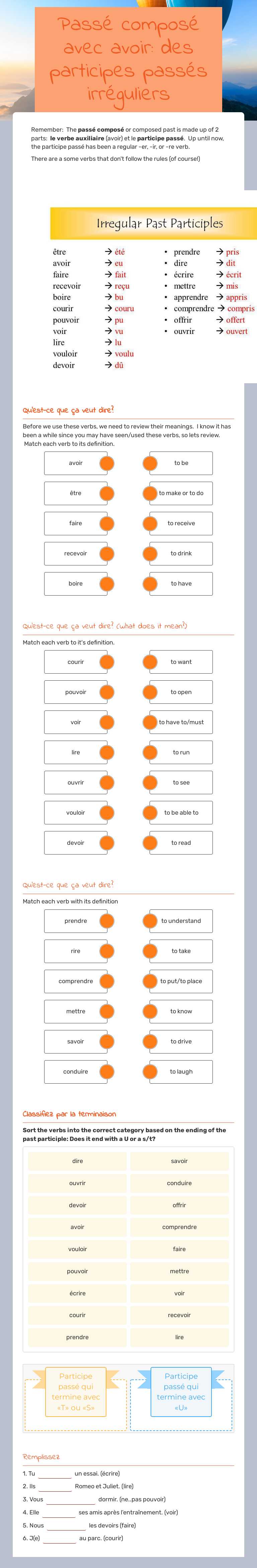Passé composé avec avoir:  des participes passés irréguliers worksheet preview image