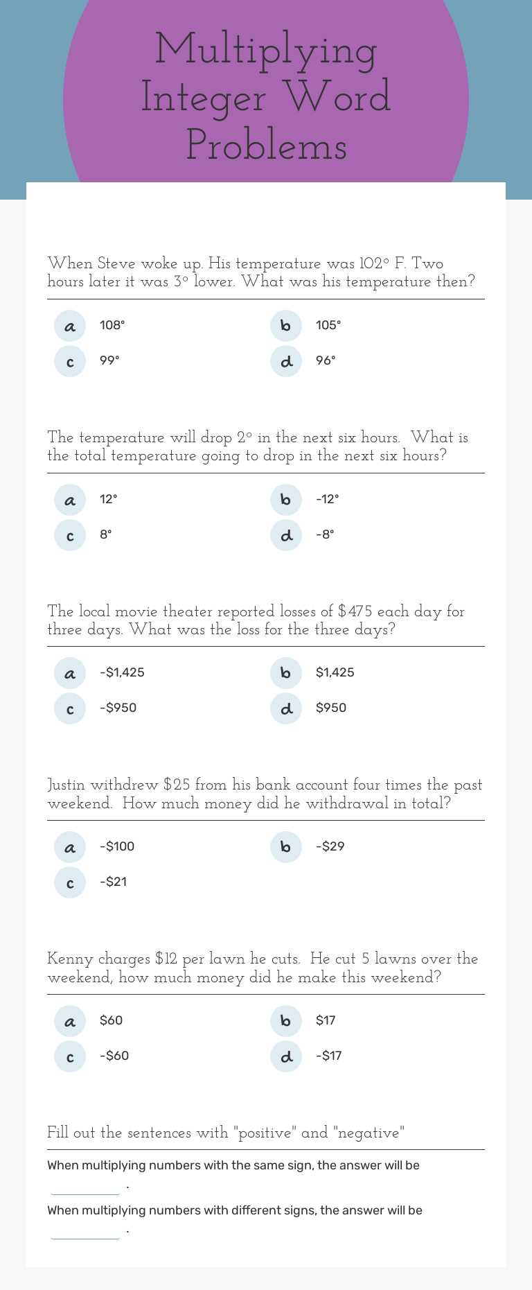 Multiplying Integer Word Problems worksheet preview image