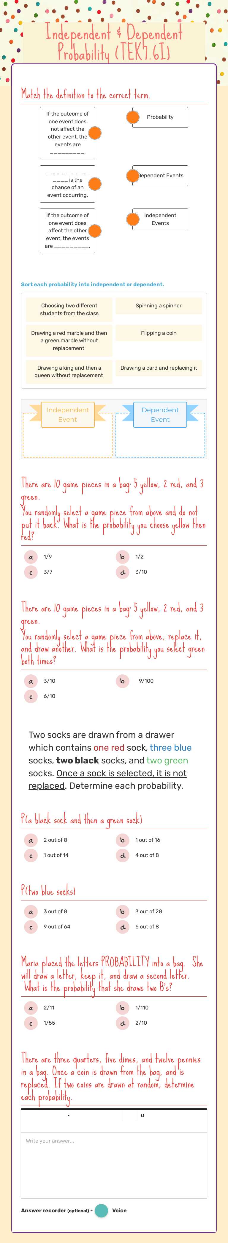 Independent & Dependent Probability (TEK7.6I) worksheet preview image