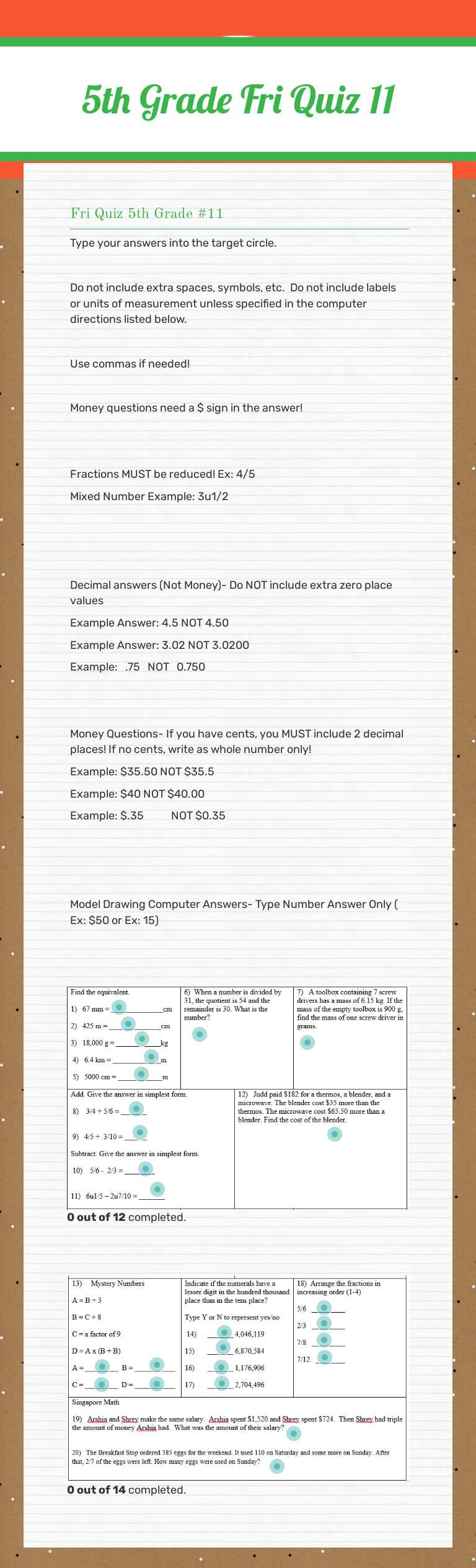 5th Grade Fri Quiz 11 worksheet preview image