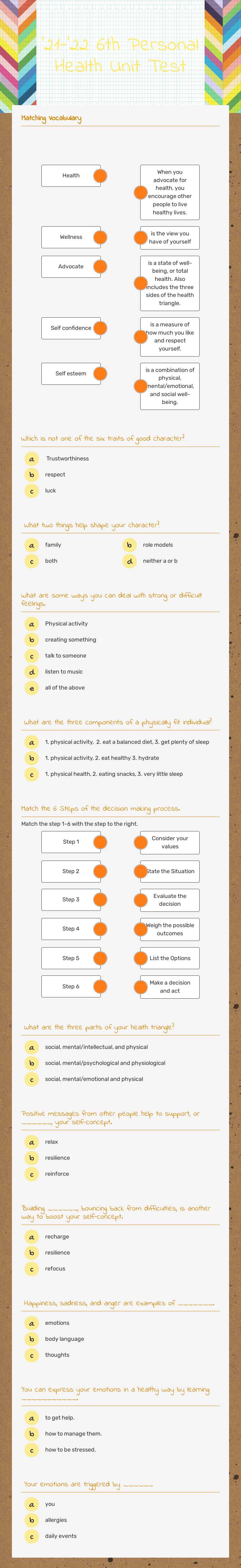 '22-'23  6th Personal Health Unit Test worksheet preview image