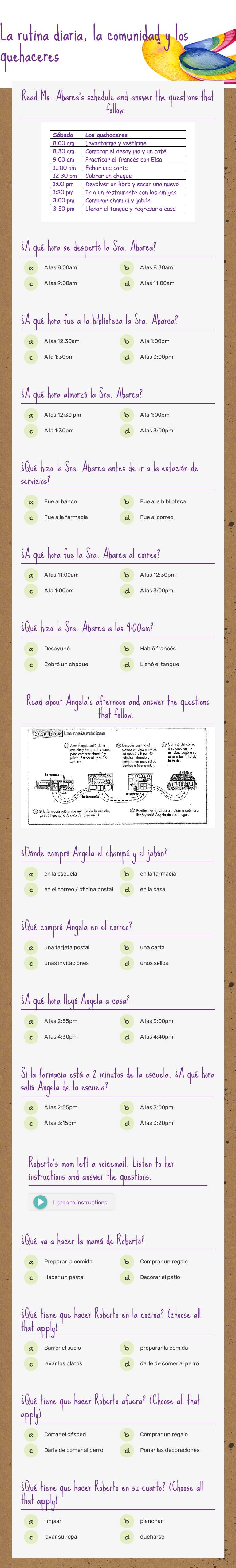 La rutina diaria, la comunidad y los quehaceres worksheet preview image