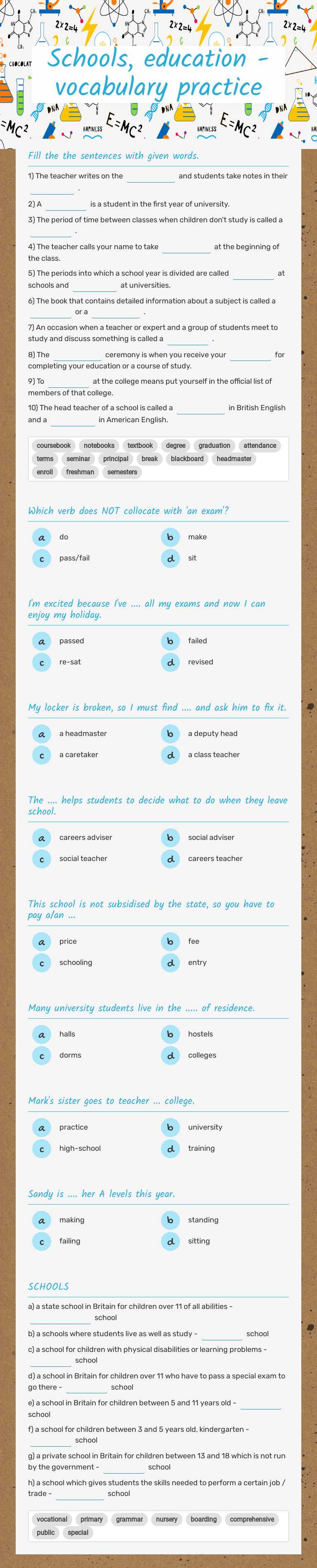 Schools, education - vocabulary practice worksheet preview image