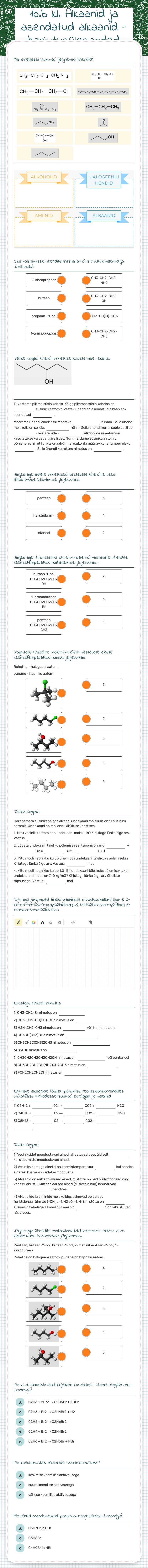 10.b kl. Alkaanid ja asendatud alkaanid - harjutusülesanded worksheet preview image