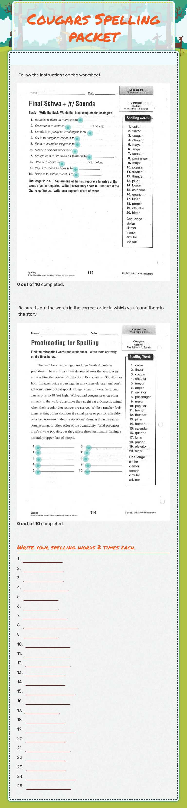 Cougars Spelling packet worksheet preview image