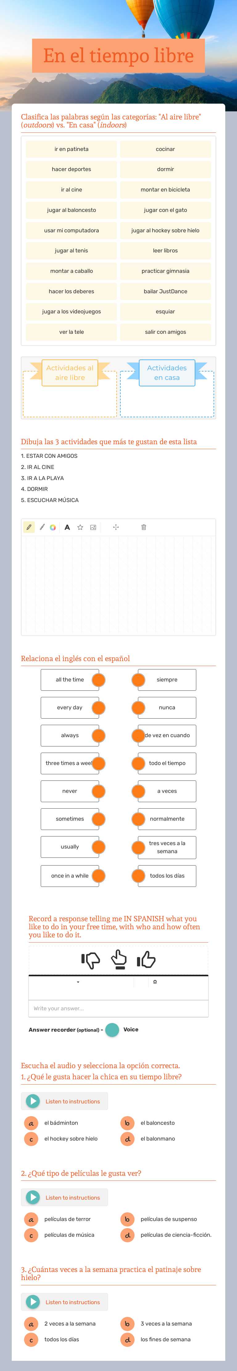 En el tiempo libre worksheet preview image