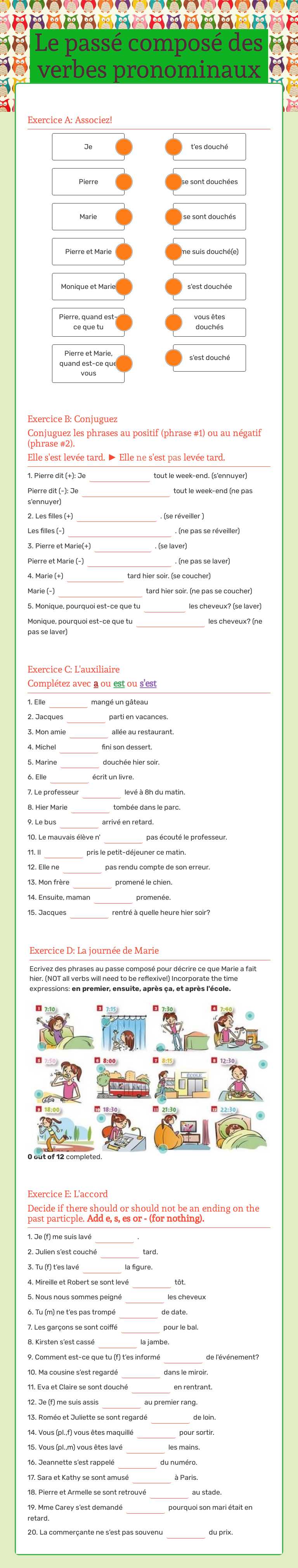 Le passé composé des verbes pronominaux Grade 10 worksheet preview