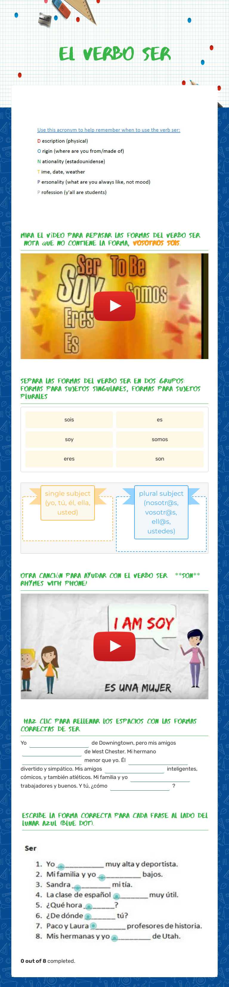 el verbo ser worksheet preview image