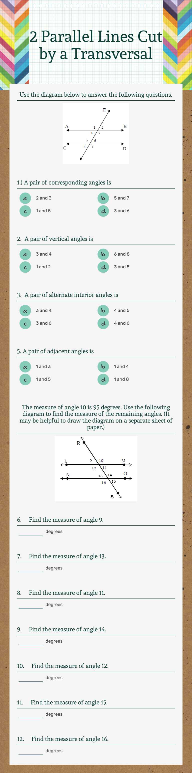2 Parallel Lines Cut by a Transversal worksheet preview image