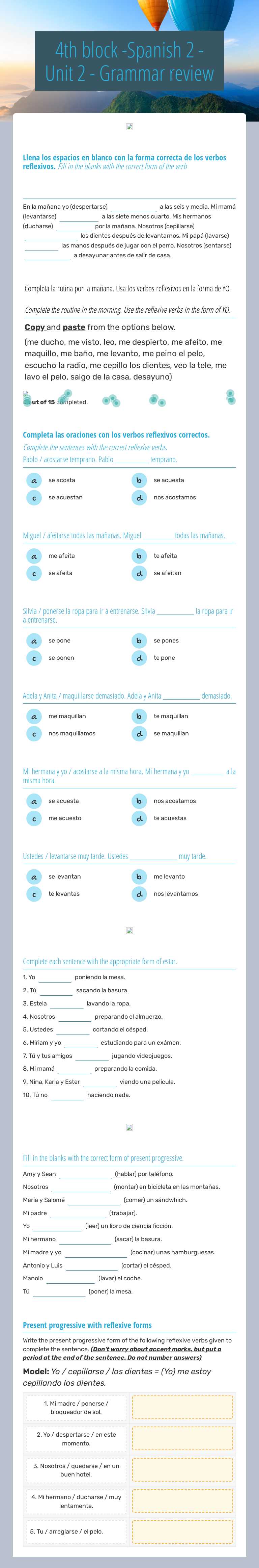 4th block -Spanish 2 - Unit 2 - Grammar review worksheet preview image