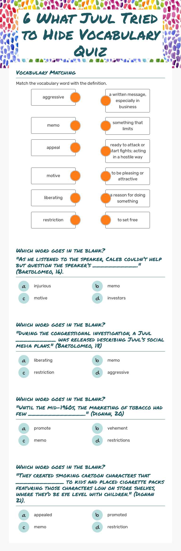 6 What Juul Tried to Hide Vocabulary Quiz Grade 6 worksheet preview