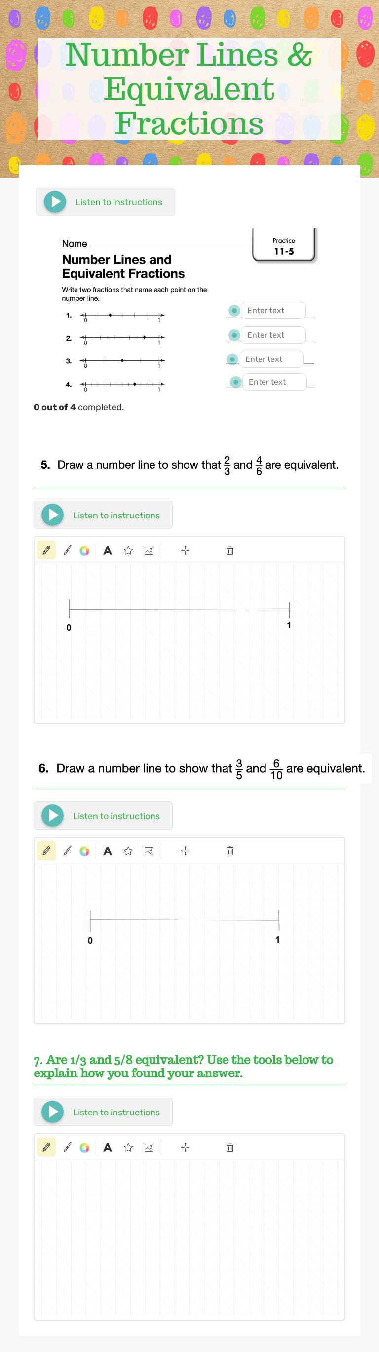 Number Lines & Equivalent Fractions worksheet preview image