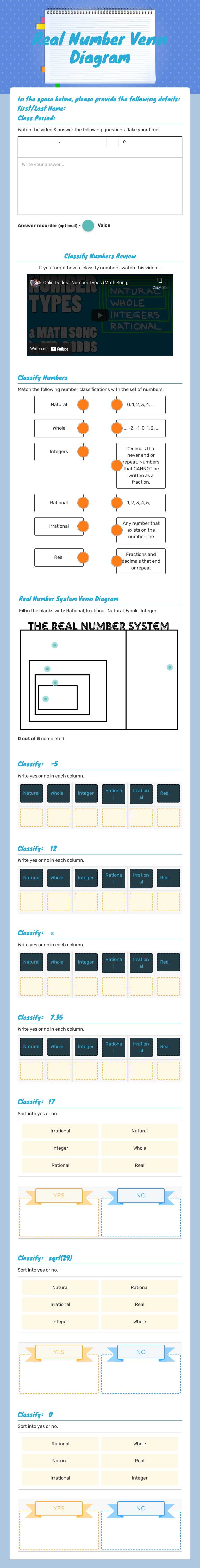 Real Number Venn Diagram worksheet preview image