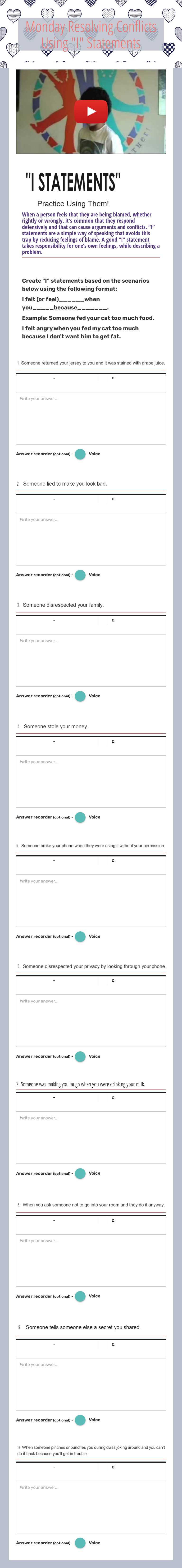 Monday                          
        Resolving Conflicts Using          "I" Statements worksheet preview image