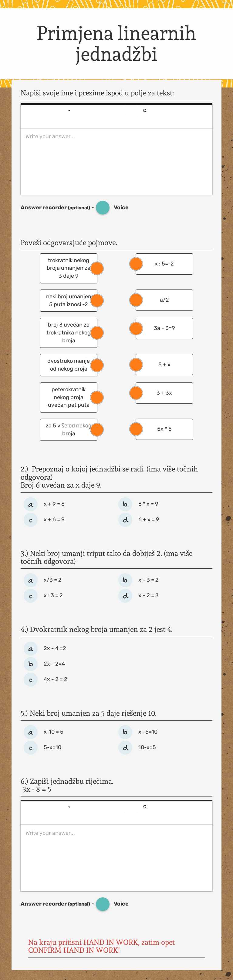 Primjena linearnih jednadžbi worksheet preview image