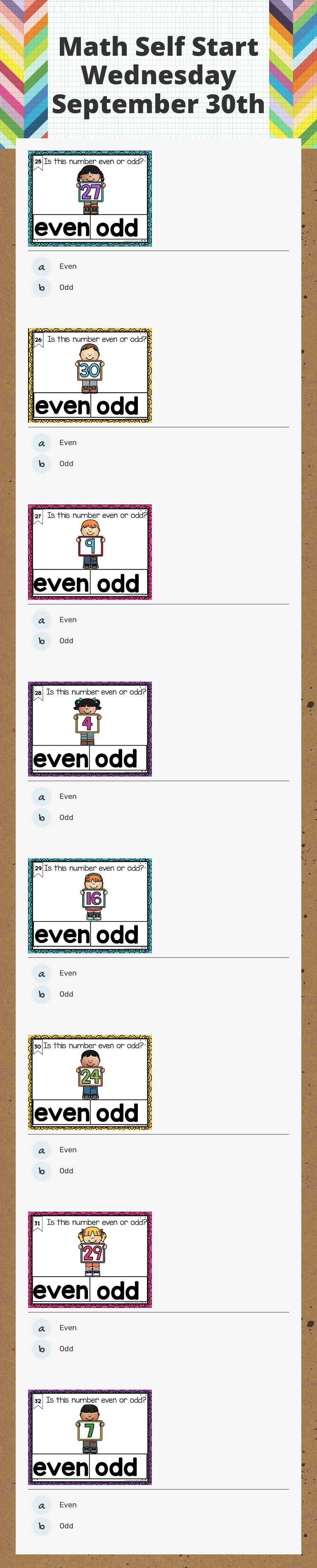 Math Self Start Wednesday September 30th worksheet preview image