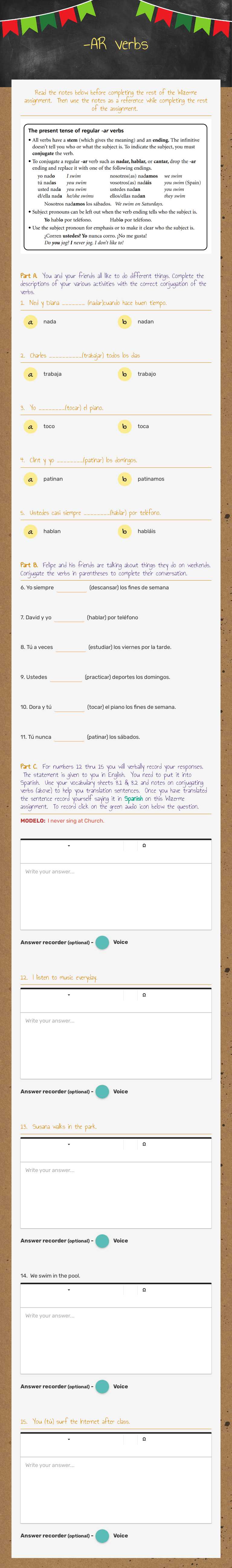-AR verbs worksheet preview image