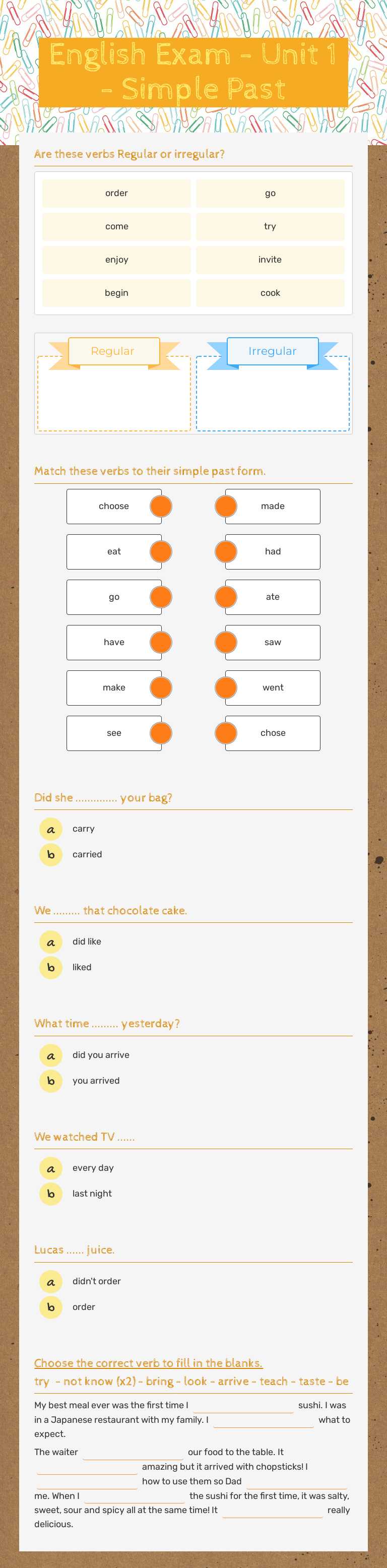 English Exam - Unit 1 - Simple Past worksheet preview image