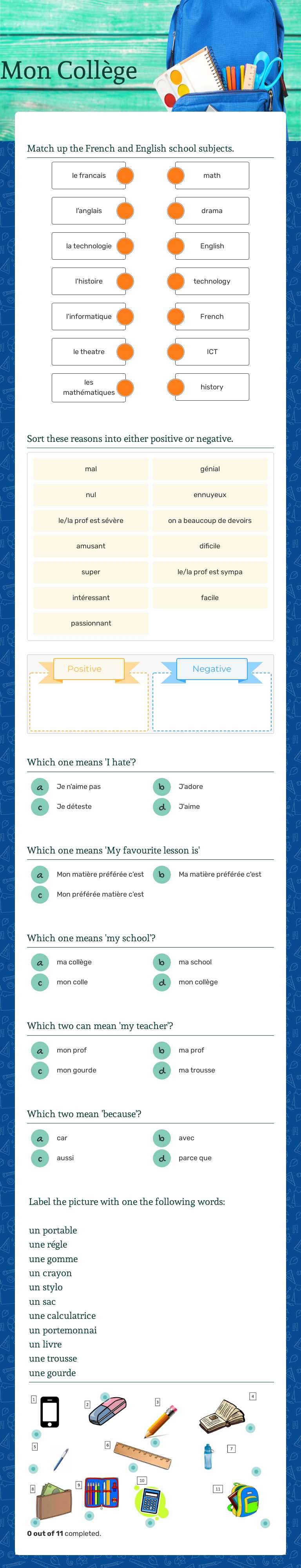 Mon Collège worksheet preview image