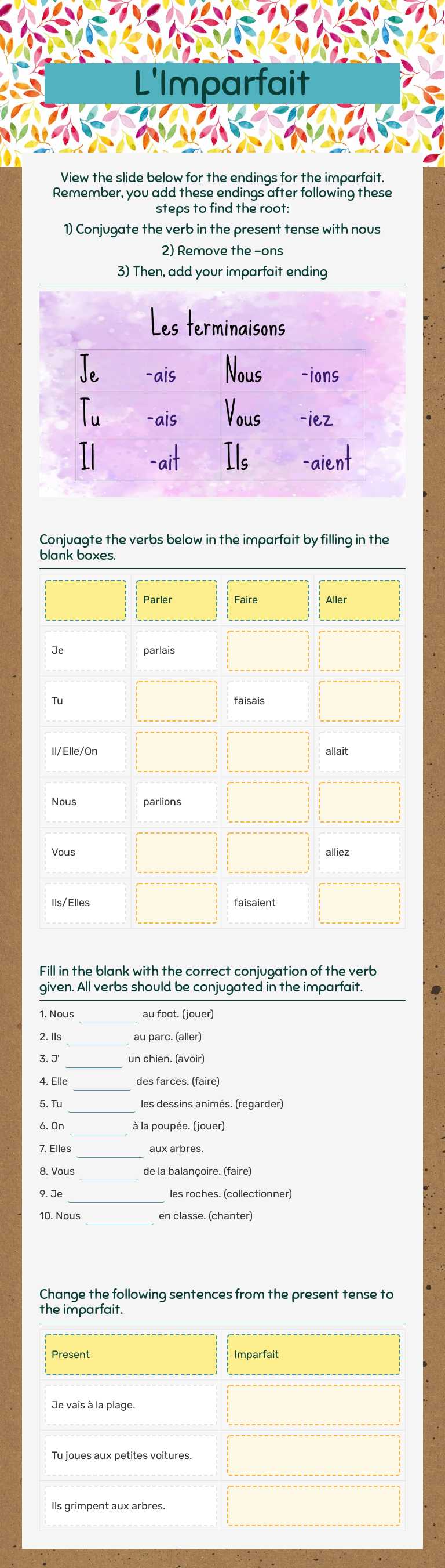 L'Imparfait worksheet preview image