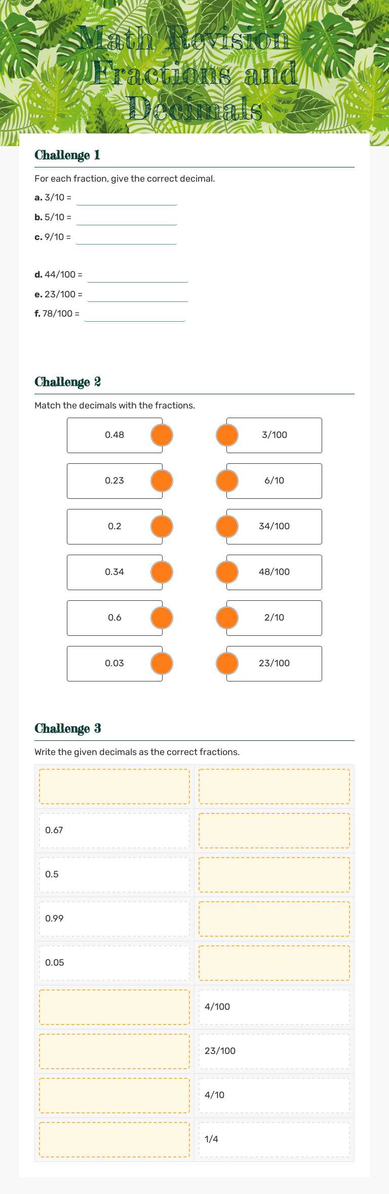 Math Revision - Fractions and Decimals worksheet preview image