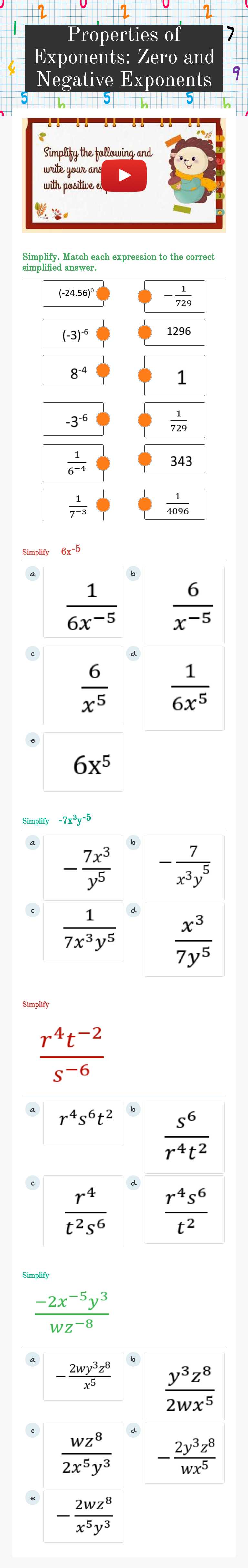 Properties of Exponents: Zero and Negative Exponents worksheet preview image