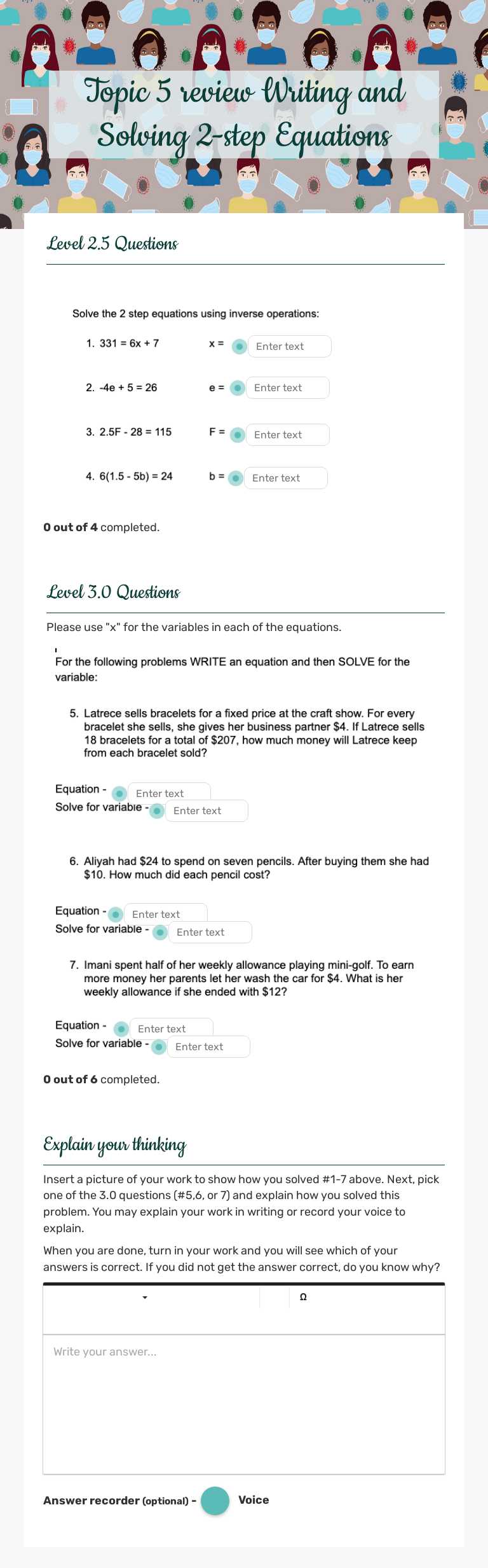 Topic 5 review Writing and Solving 2-step Equations Grade 7 worksheet preview