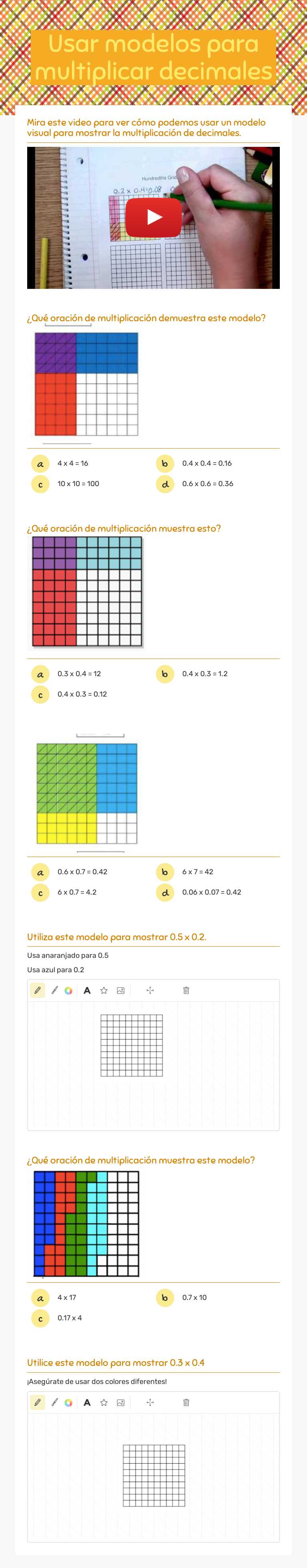 Usar modelos para multiplicar decimales worksheet preview image