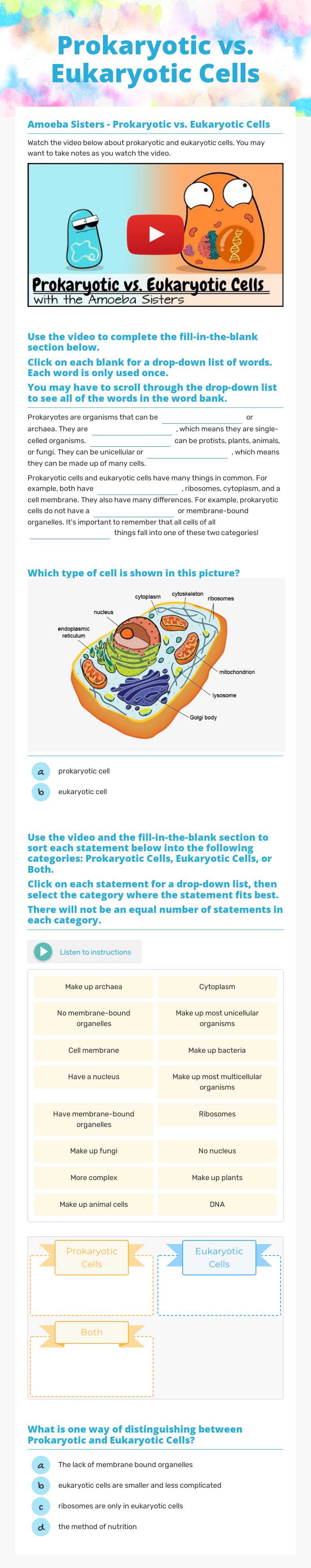 Prokaryotic vs. Eukaryotic Cells worksheet preview image