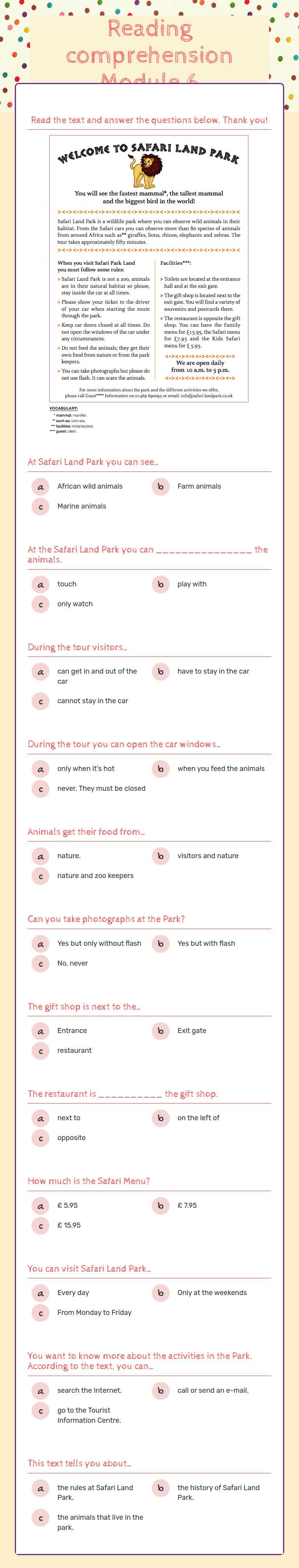 Reading comprehension Module 6 worksheet preview image