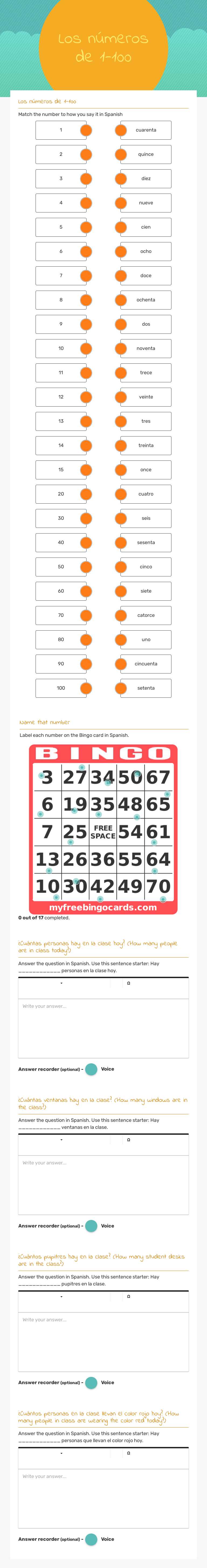 Los números de 1-100 worksheet preview image