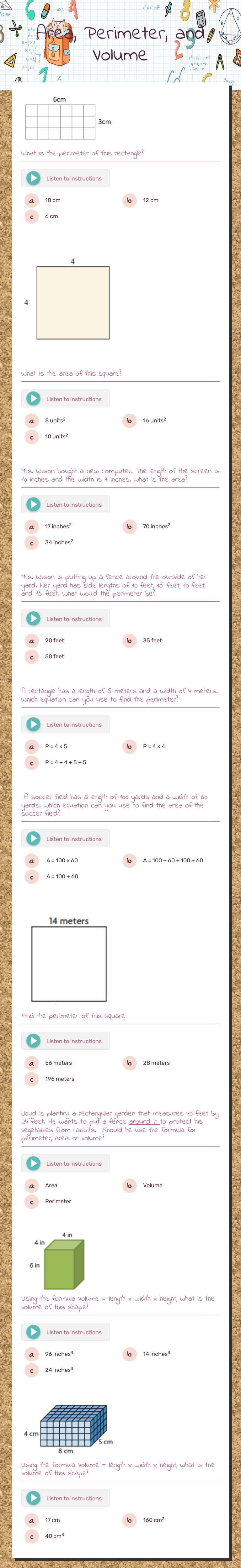 Area, Perimeter, and Volume worksheet preview image