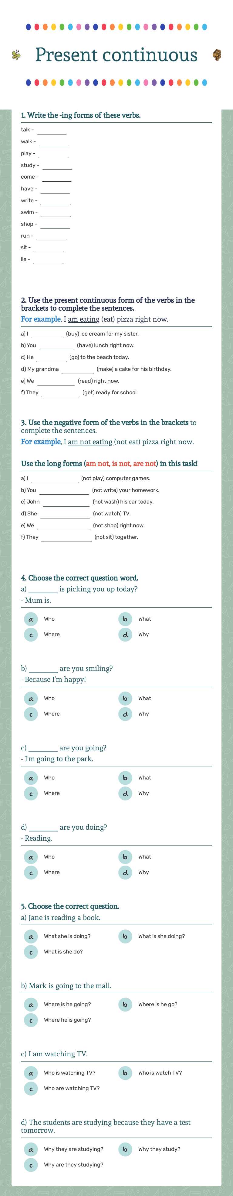 Present continuous worksheet preview image