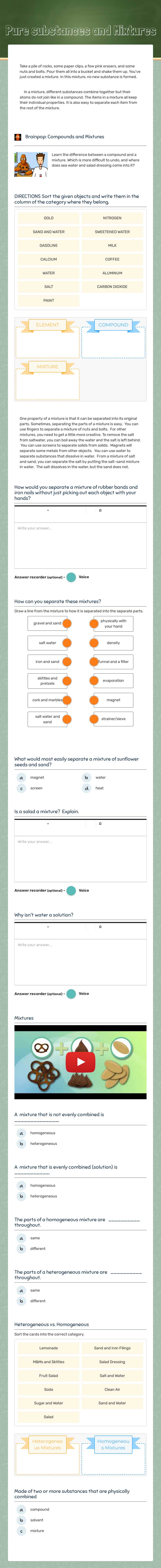 Pure substances and Mixtures worksheet preview image